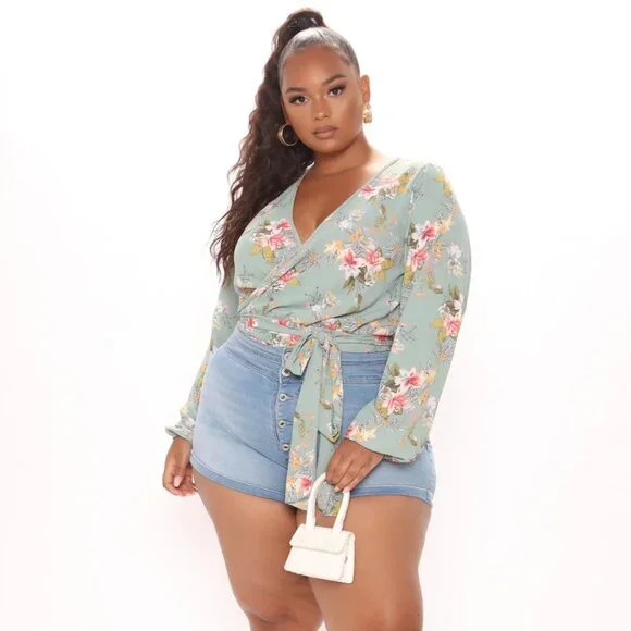 Floral Green Surplice Top - Picture 5 of 13